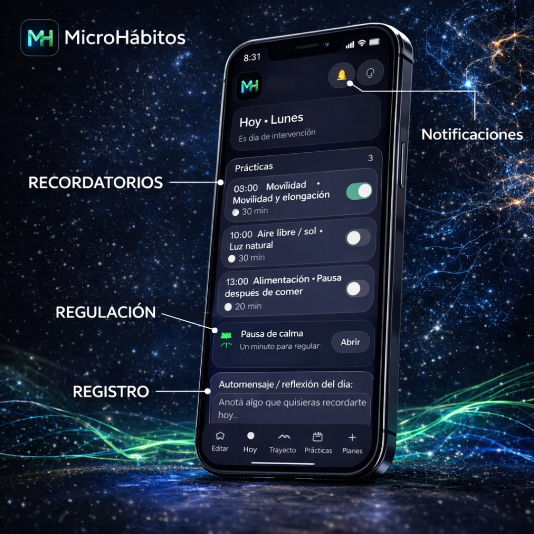 Pantalla principal de la app Microhábitos mostrando las prácticas del día